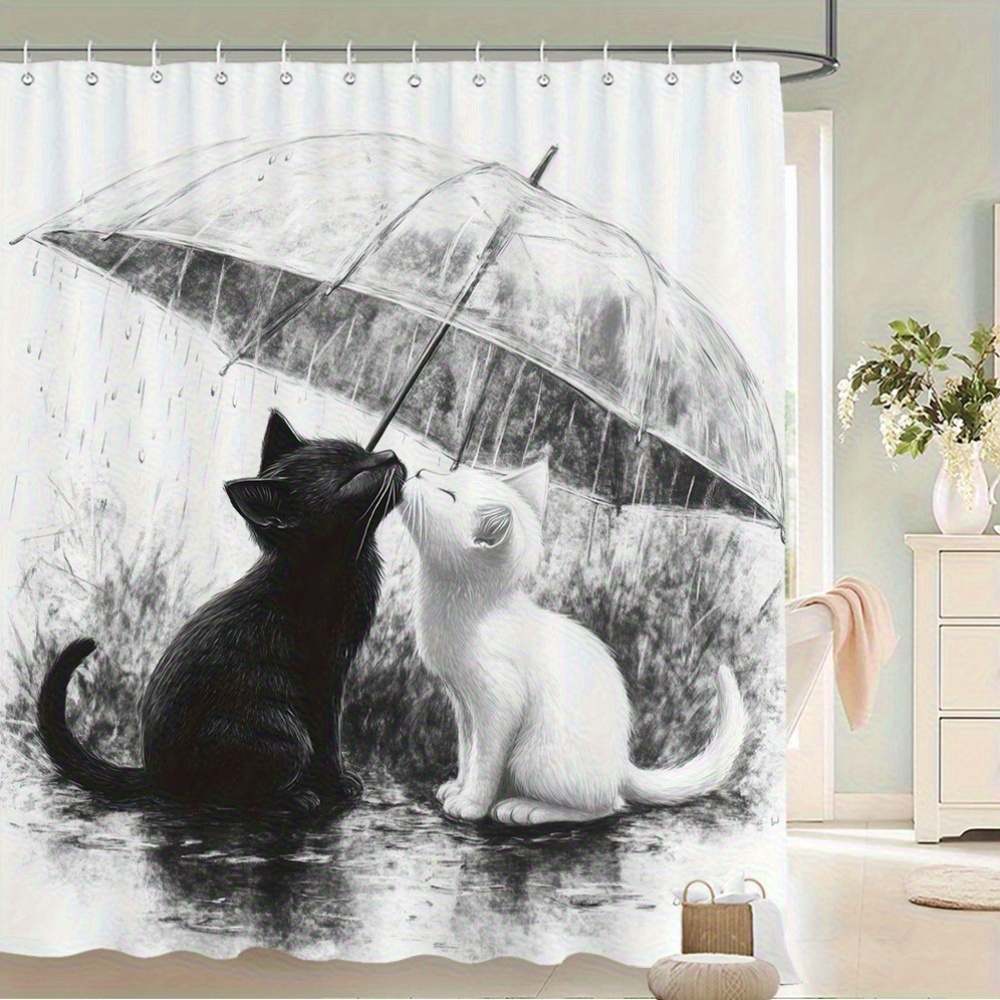 Home Bathroom Tiles Design - ม่านกั้นอาบน้ำกันน้ำ ลายแมว ลูกแมว ร่มฝน ภาพวาดศิลปะ ตกแต่งบ้าน