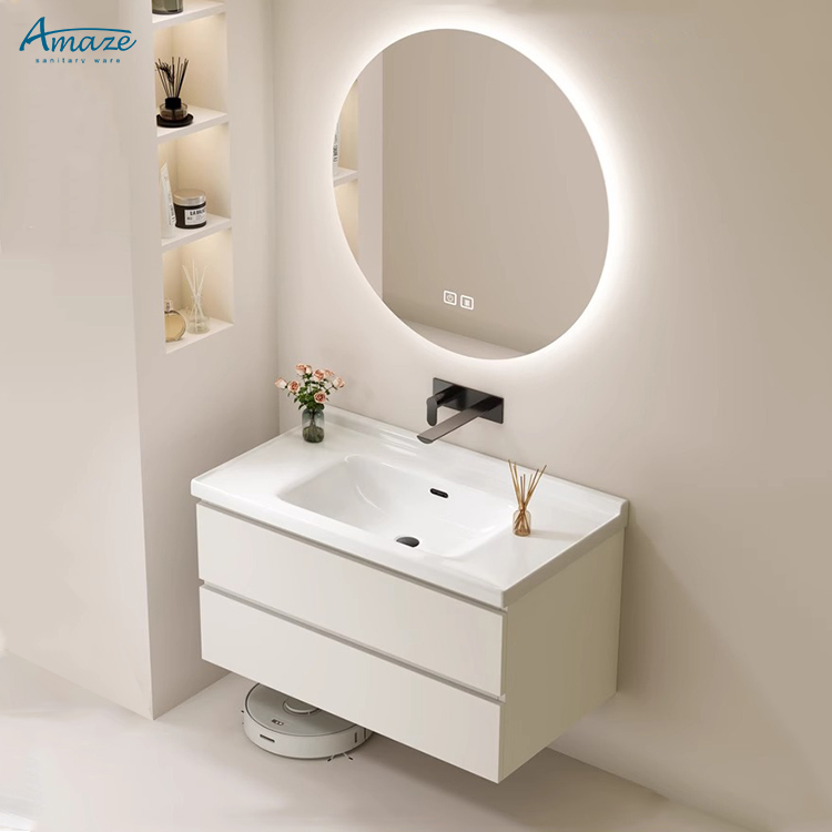 Home Living Bathroom Vanity - ตู้ห้องน้ำ โมเดิร์นหรูหรา เฟอร์นิเจอร์ห้องน้ำไม้เนื้อแข็ง อ่างล้างหน้าเซรามิก กระจก LED
