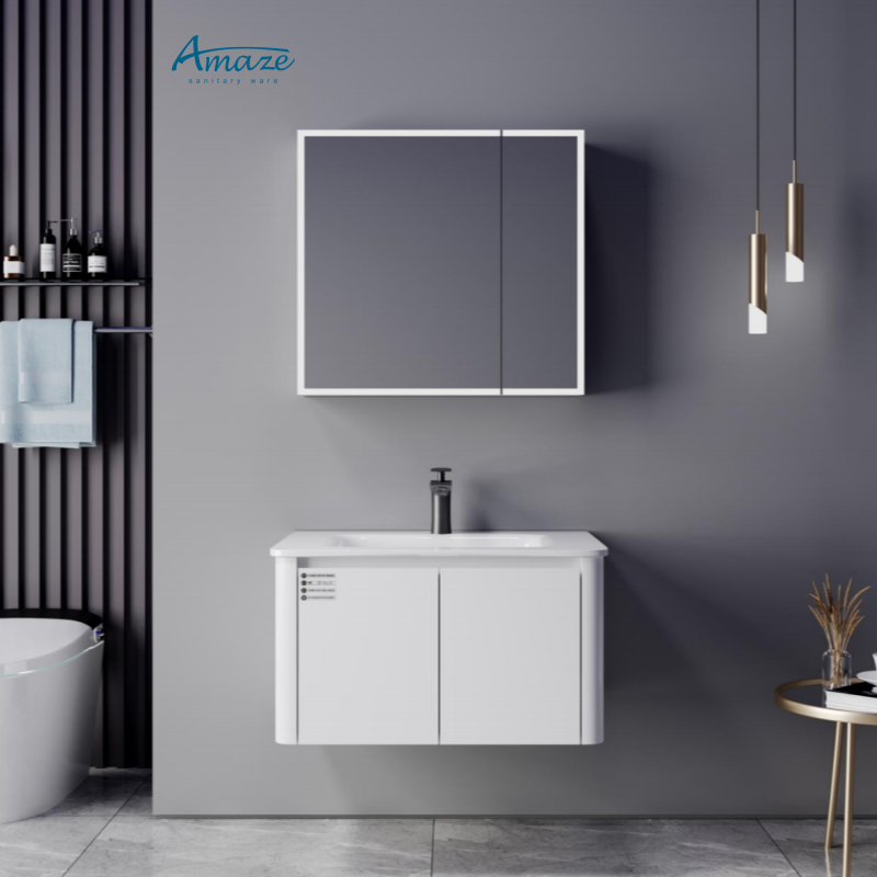 Home Living Bathroom Vanity - ตู้ห้องน้ำ AMAZE เฟอร์นิเจอร์ห้องน้ำแบบโมเดิร์นสั่งทำพิเศษ ตู้ห้องน้ำไม้อัดพร้อมกระจก ตู้เก็บของแบบสองบาน