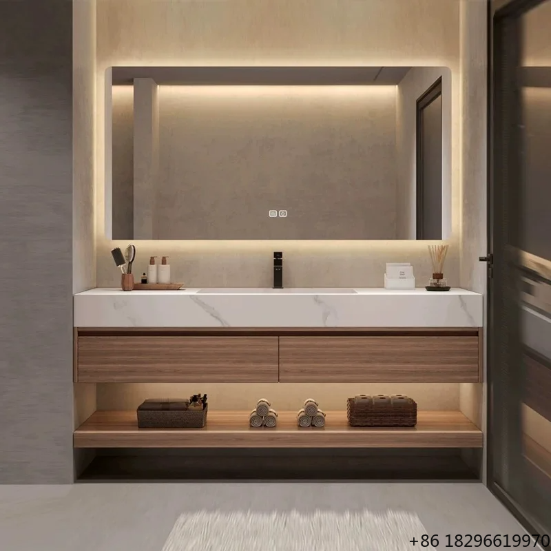 Home Bathroom Set - ชุดตู้ห้องน้ำอัจฉริยะทันสมัย พร้อมกระจก LED สั่งงานด้วยระบบสัมผัส อ่างเซรามิก ติดผนัง