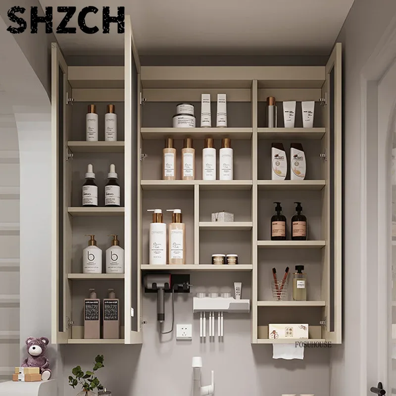 Home Living Bathroom Vanity - กระจกห้องน้ำแบบหนาทันสมัยพร้อมตู้เก็บของอัจฉริยะในตัว ดีไซน์โต๊ะเครื่องแป้งไม้สุดหรู สะดวกสบายสำหรับใช้ในบ้าน