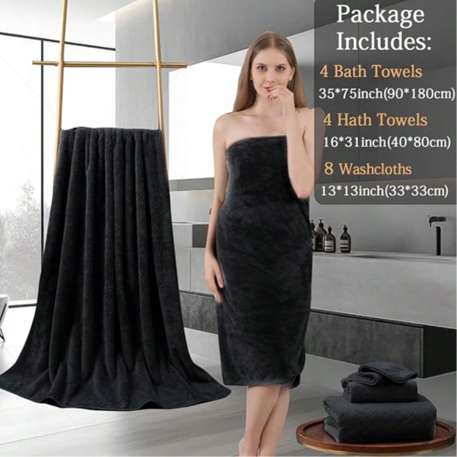 Home Bathroom Set - ชุดผ้าขนหนูอาบน้ำขนาดใหญ่พิเศษ ชุดผ้าขนหนูอาบน้ำหรูหราทันสมัย สีเทาเข้ม ผ้าทอเนื้อนุ่ม 8 ชิ้น