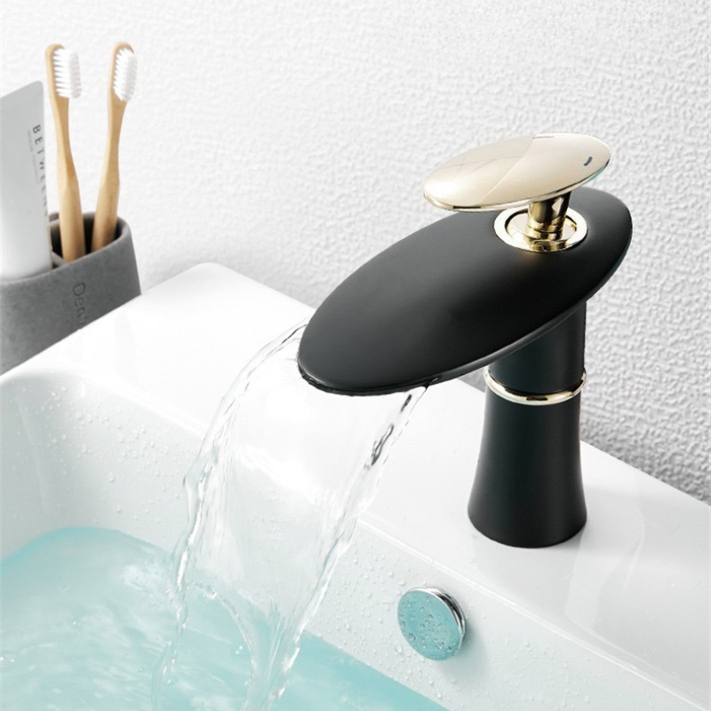 Home Hardware Bathroom Sinks - ก๊อกน้ำอ่างล้างหน้าแบบน้ำตก สีขาว/ดำ/ทอง ก๊อกผสมน้ำร้อนน้ำเย็น ก๊อกอ่างล้างหน้าทองเหลืองสีดำ ก๊อกน้ำห้องน้ำแบบสูง ก๊อกน้ำสำหรับบ้าน