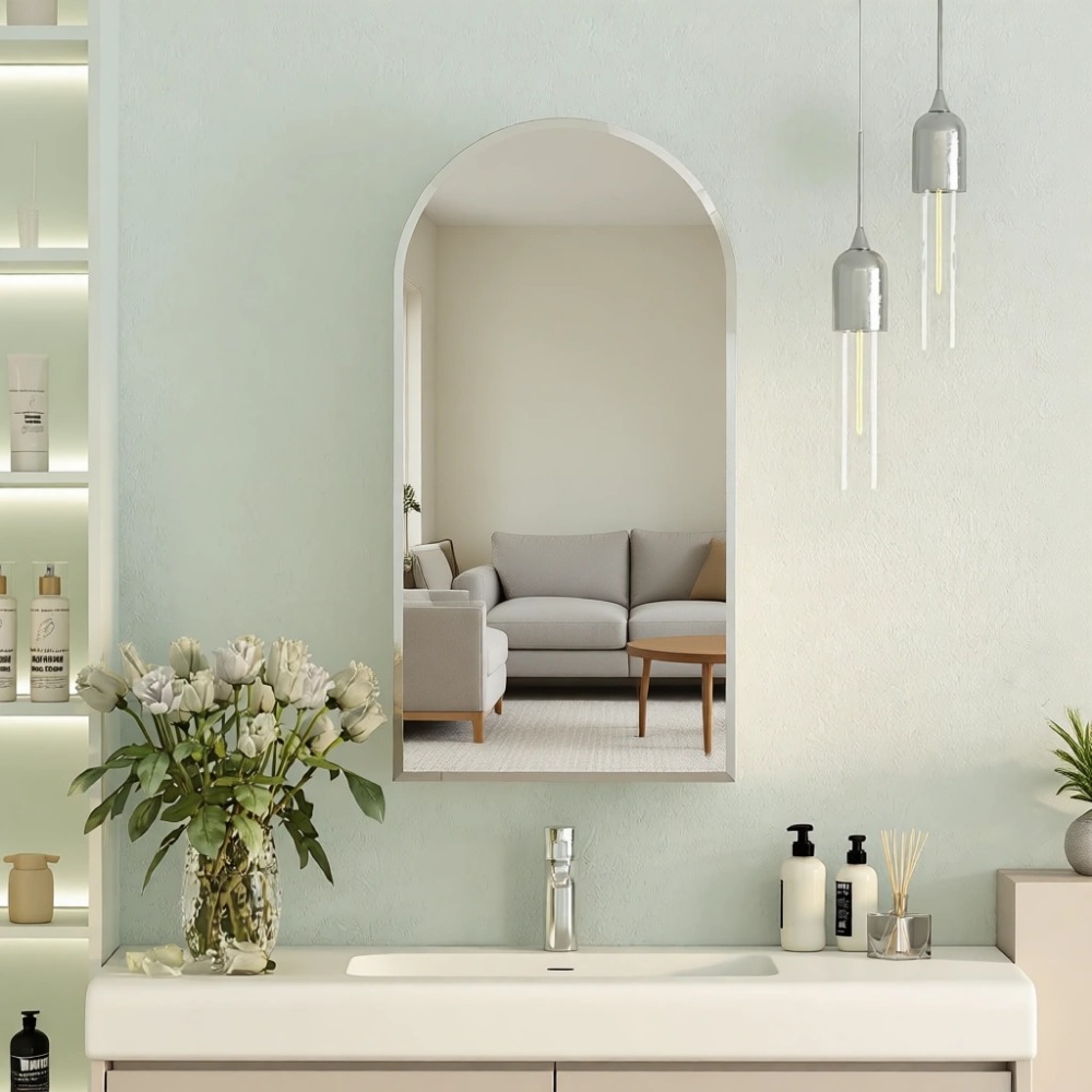 Bathroom Cabinet Mirror - ตู้ยาแบบโค้งพร้อมกระจกและชั้นวางแก้ว 3 ชั้นสำหรับติดผนังห้องน้ำ