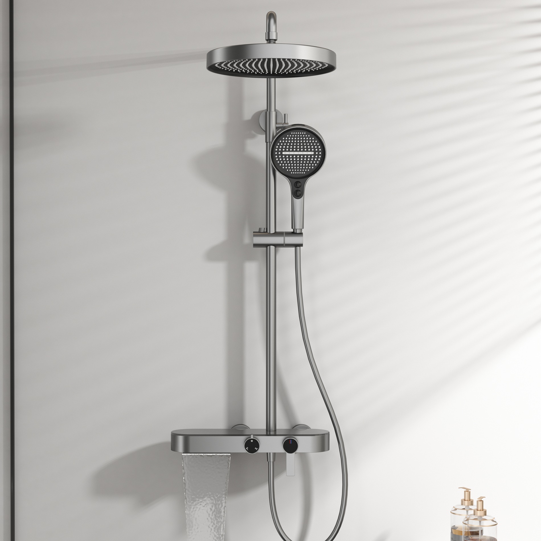 Home Bathroom Set - ชุดฝักบัวสีเทากันเมทัลสำหรับใช้ในบ้าน, หัวฝักบัวเพิ่มแรงดันน้ำ, แบบน้ำตก, แบบครีมมี่