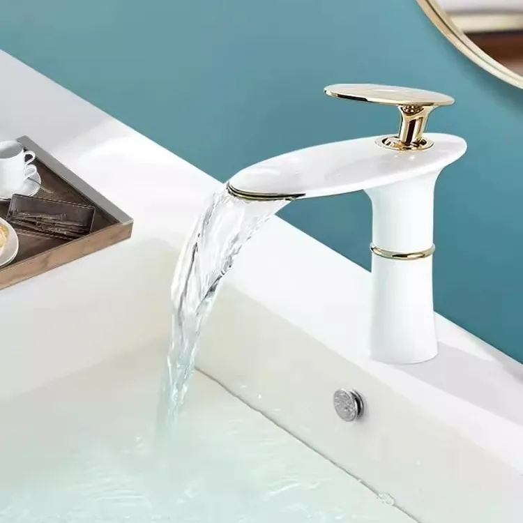 Home Hardware Bathroom Sinks - ก๊อกน้ำตกอ่างล้างหน้า สีขาวทอง แบบผสมน้ำร้อนน้ำเย็น ก๊อกอ่างล้างหน้าทองเหลืองสีดำ ก๊อกผสมน้ำสูงสำหรับห้องน้ำ ก๊อกน้ำสำหรับบ้าน