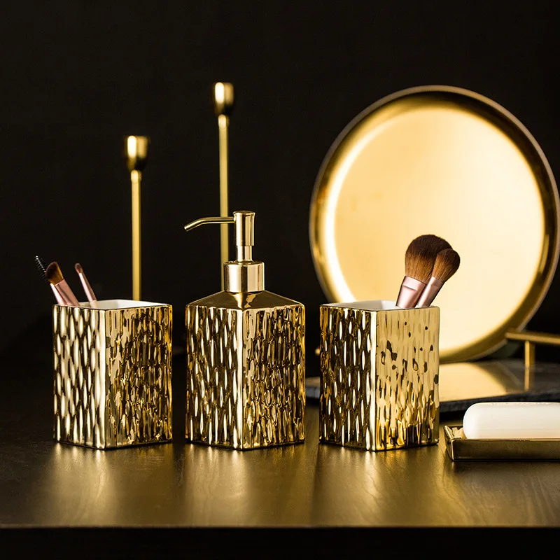Zara Home Bathroom - เซรามิคชุดอุปกรณ์ห้องน้ําทองเงินเครื่องจ่ายสบู่ถ้วยน้ํายาบ้วนปากจานสบู่ Home Decor ห้องน้ําชุดล้างทองสําเร็จรูป