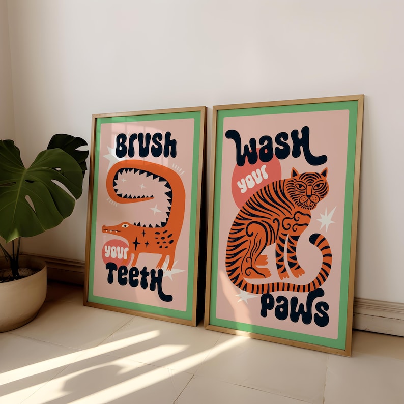 Home Bathroom Set - ภาพพิมพ์บนผ้าใบลายเสือล้างเท้าในห้องน้ำ 2 ชิ้น/ชุด งานศิลปะตลกๆ สำหรับตกแต่งผนังห้องนั่งเล่นสไตล์โมเดิร์น