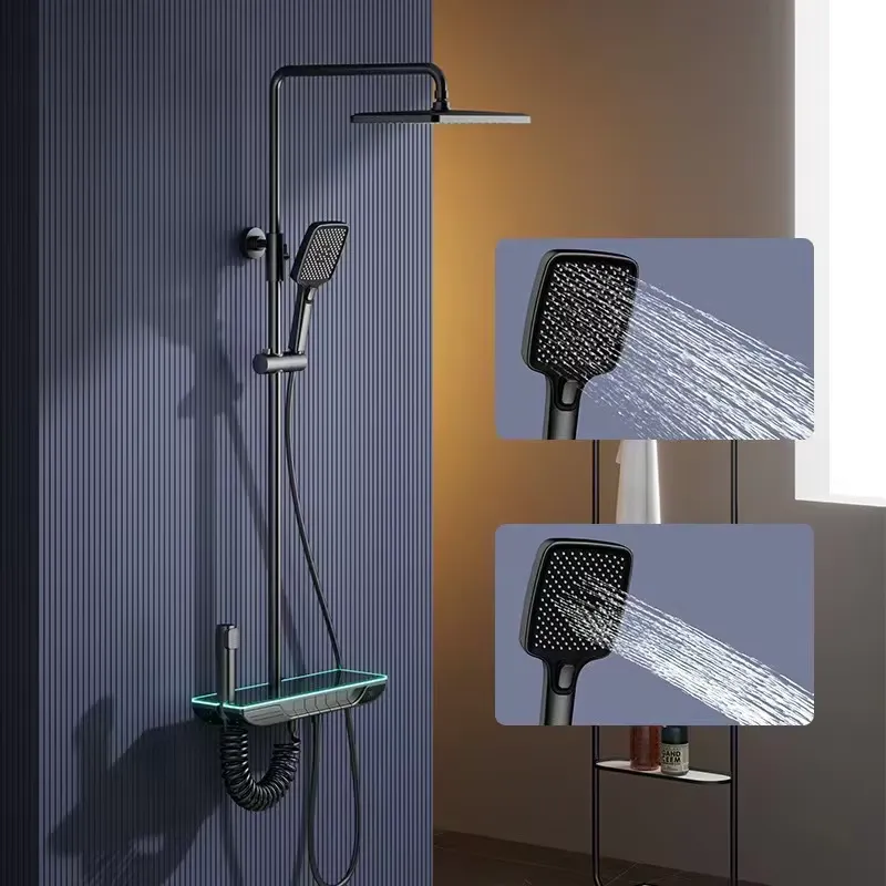 Home Bathroom Set - ชุดฝักบัวดิจิตอลอัจฉริยะแบบเทอร์โมสตัท วัสดุทองเหลือง ดีไซน์ปุ่มเปียโน ก๊อกน้ำห้องน้ำแบบก้านโยกเดี่ยว ชุดอุปกรณ์ผสมน้ำฝักบัวแบบเรนชาวเวอร์ สำหรับโรงแรมและบ้าน